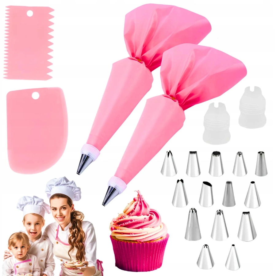 Silikonowy rękaw cukierniczy różowy zestaw