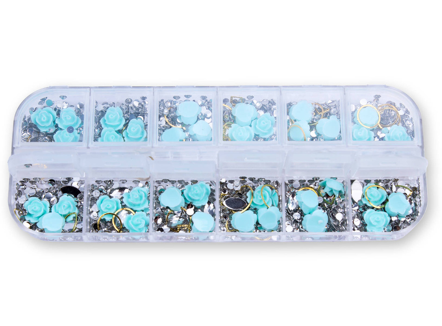 Zestaw ozdób do paznokci mix cyrkonie, różyczki, złote elementy - kasetka
