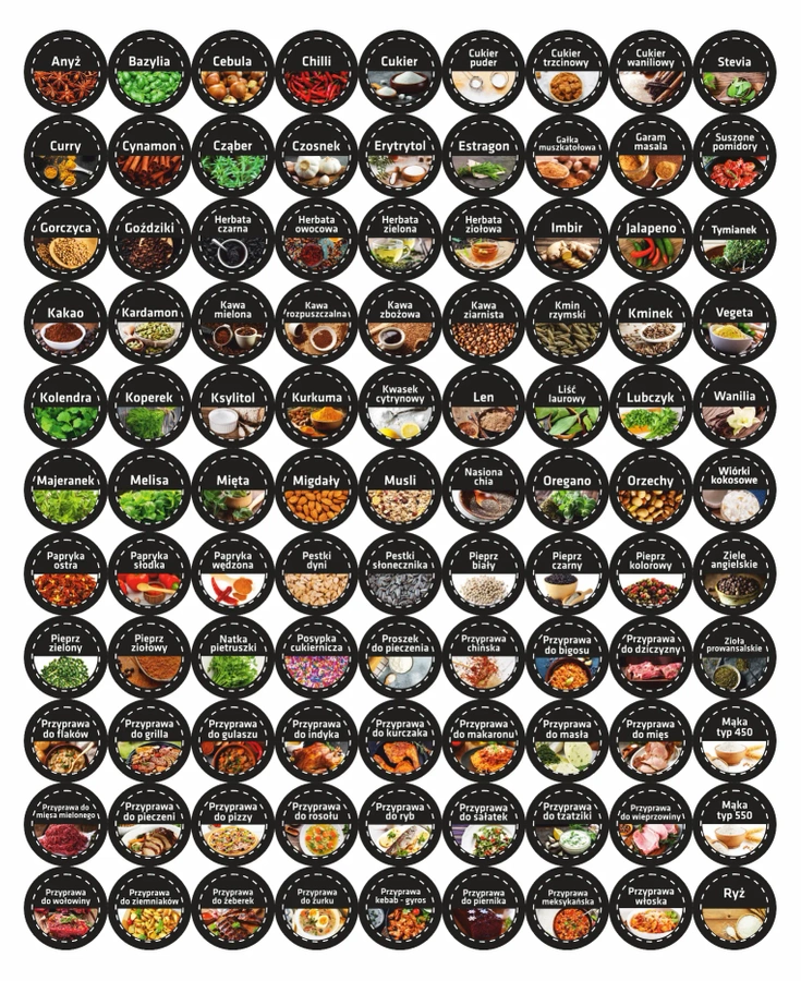 Kolorowe naklejki na przyprawy kuchenne