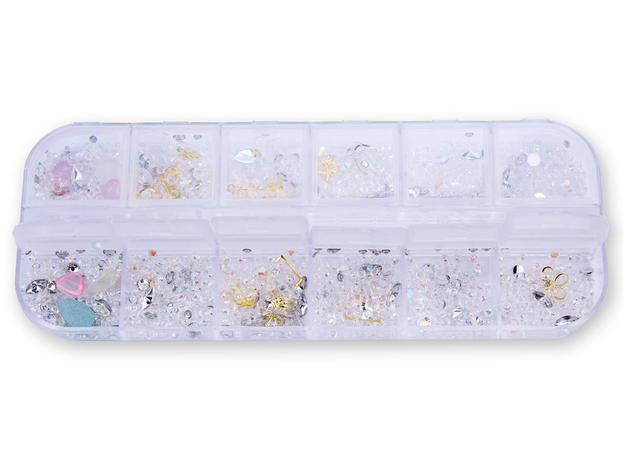 Zestaw ozdób do paznokci mix kryształki, cyrkonie, złote elementy - kasetka
