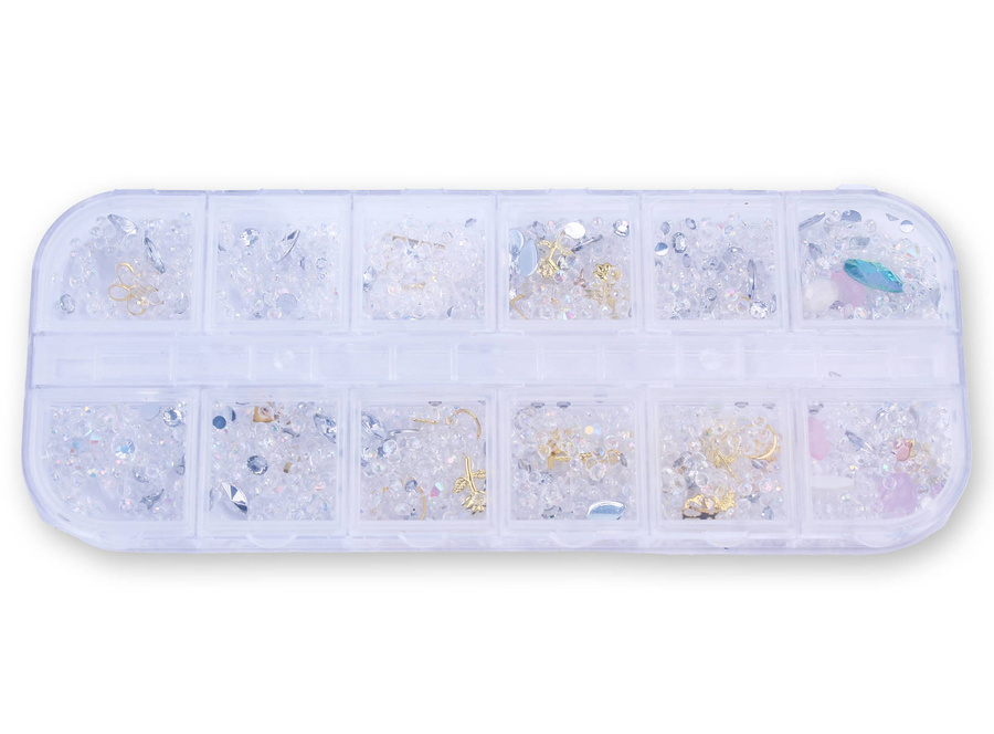 Zestaw ozdób do paznokci mix kryształki, cyrkonie, złote elementy - kasetka
