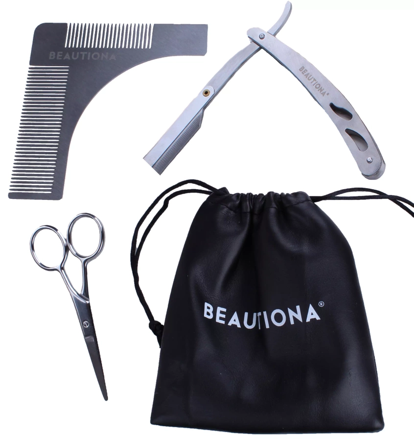 Zestaw do brody - brzytwa, nożyczki, szablon