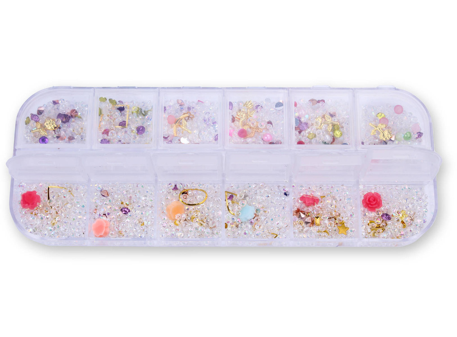 Zestaw ozdób do paznokci mix kryształki, różyczki, złote elementy - kasetka