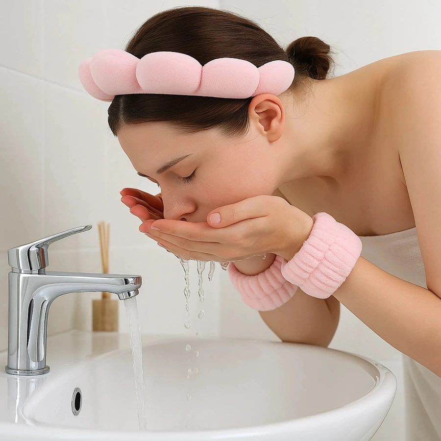 Kosmetyczna opaska na głowę i nadgarstki do makijażu