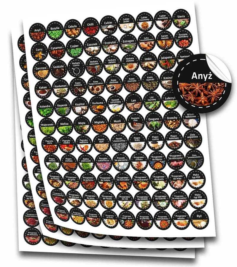 Kolorowe naklejki na przyprawy kuchenne