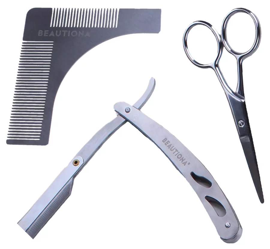 Zestaw do brody - brzytwa, nożyczki, szablon